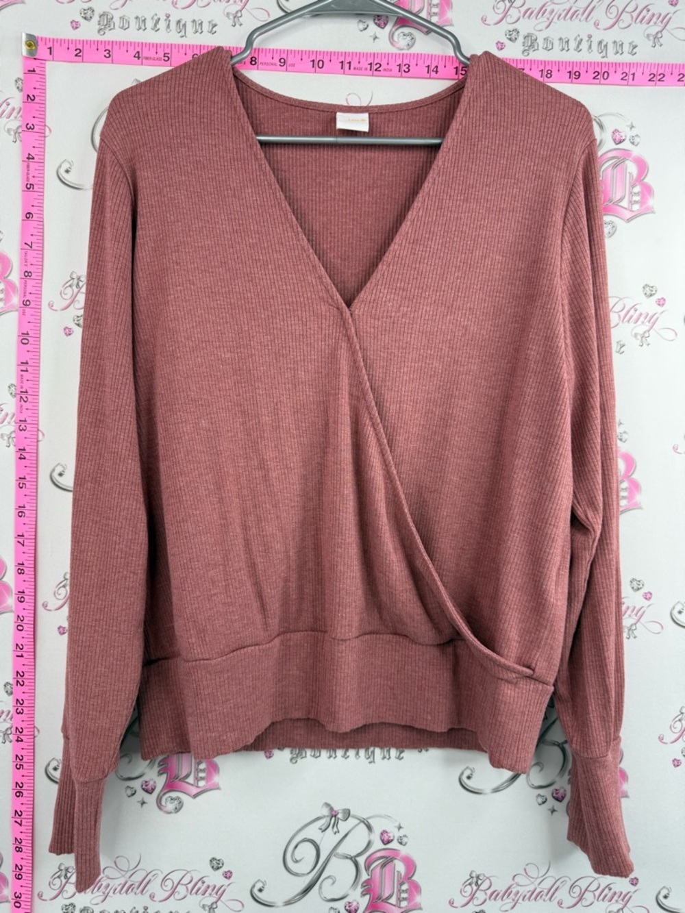 Lole Wrap-Style V-Neck Top / long sleeve shirt Dusty Rose Ribbed comfy casual